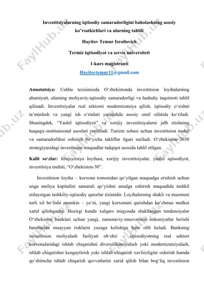 investitsiyalarning iqtisodiy samaradorligini baholashning asosiy ko’rsatkichlari va ularning tahlili — DOC