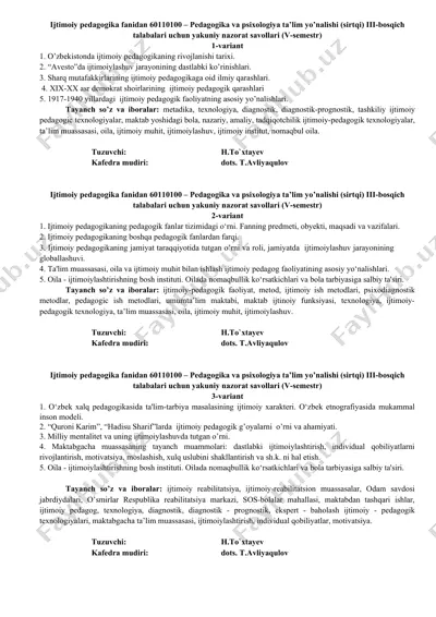 ijtimoiy pedagogika fanidan 60110100 – pedagogika va psixologiya ta’lim yo’nalishi (sirtqi) iii-bosqich talabalari uchun yakuniy nazorat savollari (v-semestr) — DOC