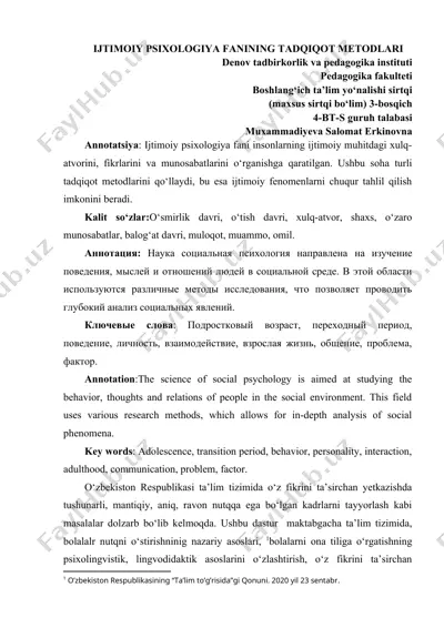 ijtimoiy psixologiya fanining tadqiqot metodlari — DOC