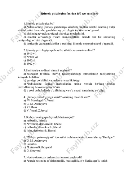 ijtimoiy psixologiya fanidan 150 test savollari — DOC