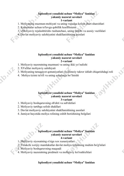 iqtisodiyot yonalishi uchun “moliya” fanidanyakuniy nazorat savollari — DOC