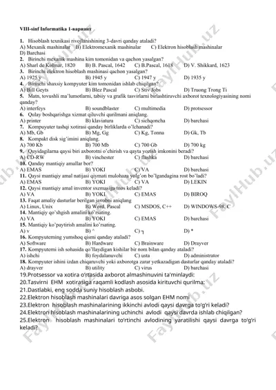 hisoblash texnikasi rivojlanish — DOC