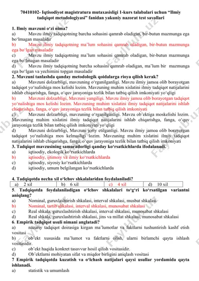 "ilmiy tadqiqot metodologiyasi test savollari" — DOC
