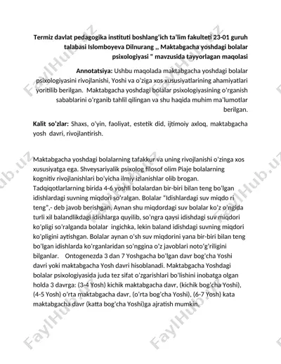 maktabgacha yoshdagi bolalar psixologiyasi — DOC