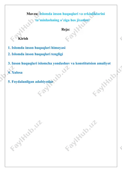 "islomda inson huquqlari va erkinliklarining o’ziga hos jixatlari" — DOC