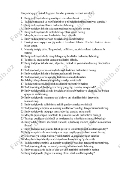 ilmiy-tadqiqot metodologiyasi fanidan yakuniy nazorat savollari — DOC