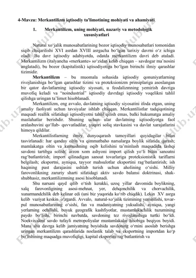 merkantilizm iqtisodiy ta'limotining mohiyati va ahamiyati — DOC