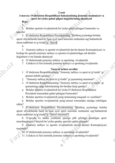 o‘zbekiston respublikasi hukumatining jismoniy madaniyat va sport bo‘yicha qabul qilgan hujjatlarining ahamiyati — DOC