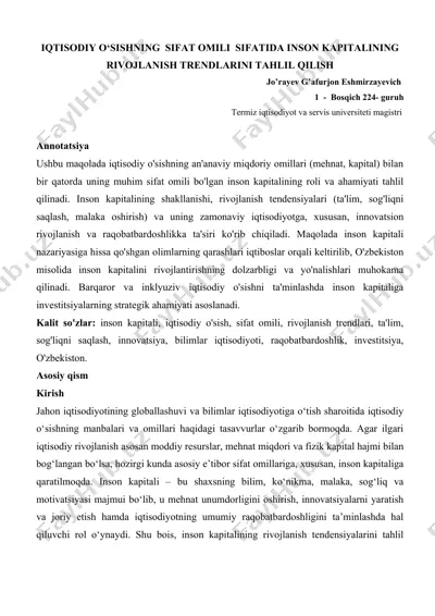 iqtisodiy o‘sishning sifat omili sifatida inson kapitalining rivojlanish trendlarini tahlil qilish — DOC