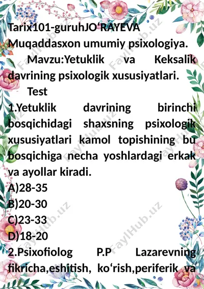 yetuklik va keksalik davrining psixologik xususiyatlari test — DOC