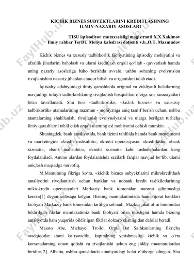 kichik biznes subyektlarini kreditlashning ilmiy-nazariy asoslari — DOC