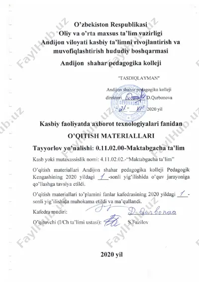 maktabgacha ta‘lim kasbi bo‘yicha kasbiy faoliyatda axborot texnologiyalari fanidan o‘quv dasturi — DOC