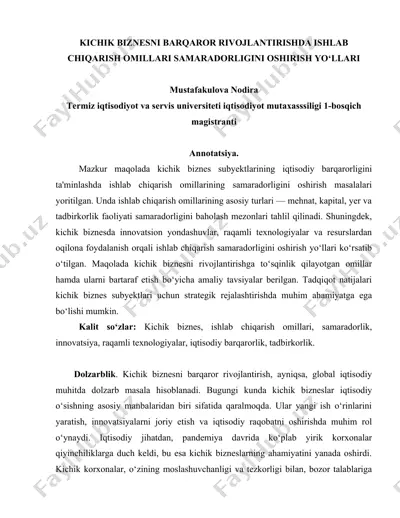 kichik biznesni barqaror rivojlantirishda ishlab chiqarish omillari samaradorligini oshirish yo‘llari — DOC