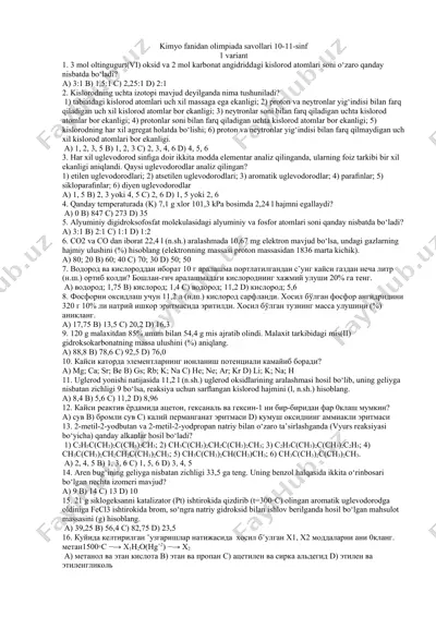 kimyo fanidan olimpiada savollari 10-11-sinf — DOC