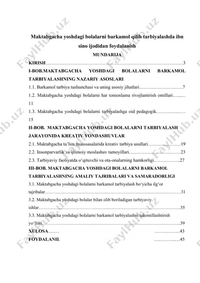 maktabgacha yoshdagi bolalarni barkamol qilib tarbiyalashda ibn sino ijodidan foydalanish — DOC