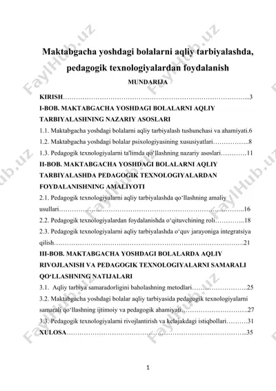 maktabgacha yoshdagi bolalarni aqliy tarbiyalashda pedagogik texnologiyalardan foydalanish — DOC