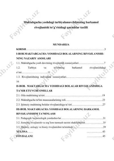 maktabgacha yoshdagi bolalarning rivojlanishi to’g’risidagi qarashlar taxlili — DOC