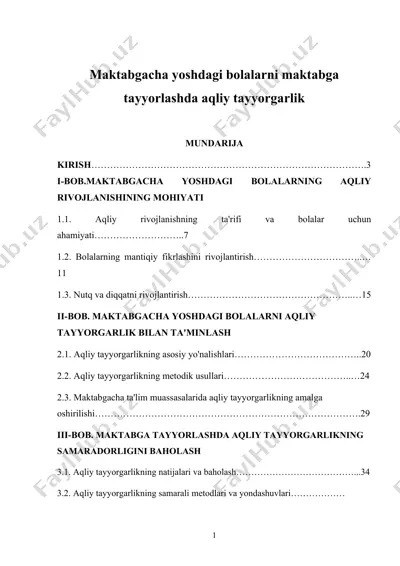 maktabgacha yoshdagi bolalarni maktabga tayyorlashda aqliy tayyorgarlik — DOC