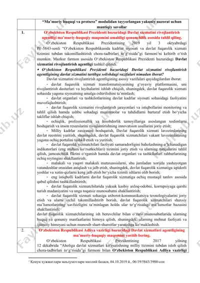 ma’muriy huquqi va protsess modulidan tayyorlangan yakuniy nazorat uchun mantiqiy savollar — DOC