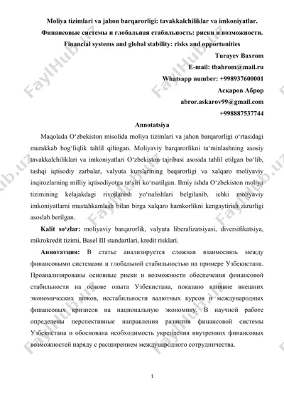 moliya tizimlari va jahon barqarorligi: tavakkalchiliklar va imkoniyatlar — DOC