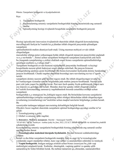 xarajatlarni boshqarish va byudjetlashtirish — DOC