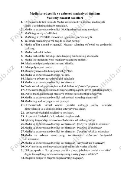media savodxonlik va axborot madaniyati fanidan yakuniy nazorat savollari — DOC