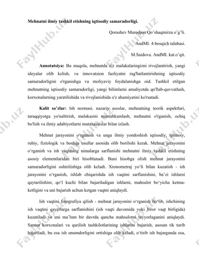 mehnatni ilmiy tashkil etishning iqtisodiy samaradorligi — DOC