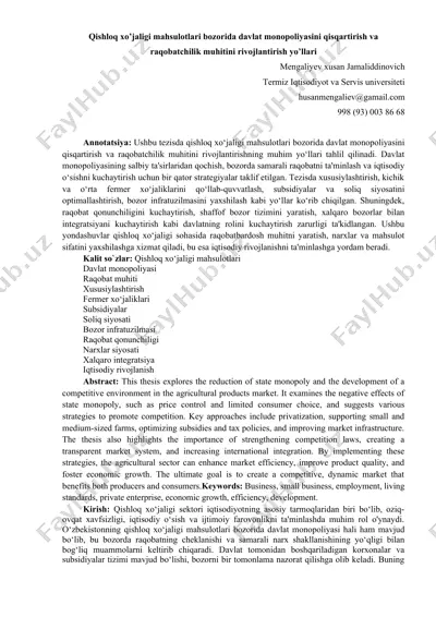 qishloq xo’jaligi mahsulotlari bozorida davlat monopoliyasini qisqartirish va raqobatchilik muhitini rivojlantirish yo’llari — DOC