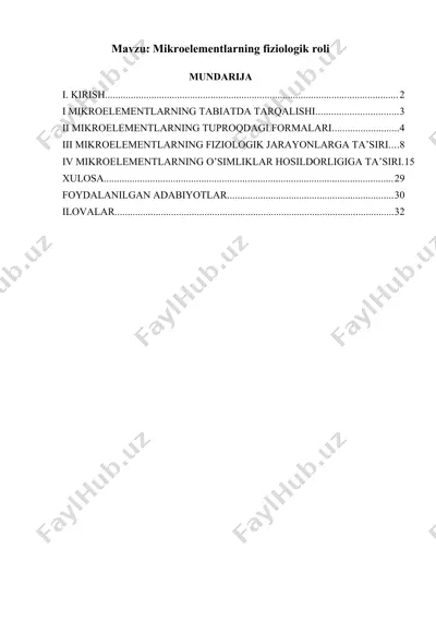 mikroelementlarning fiziologik roli — DOC