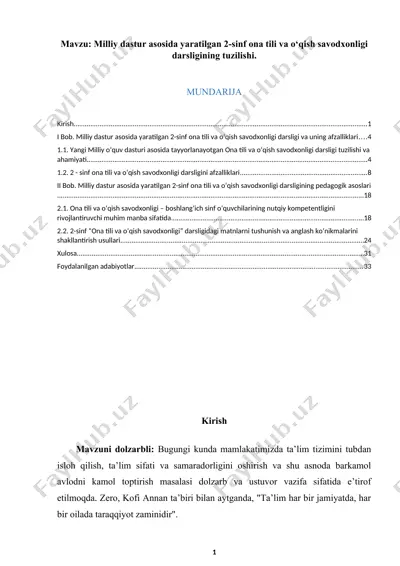 milliy dastur asosida yaratilgan 2-sinf ona tili va o‘qish savodxonligi darsligining tuzilishi — DOC