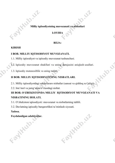 milliy iqtisodiyotning muvozanati va nisbatlari — DOC