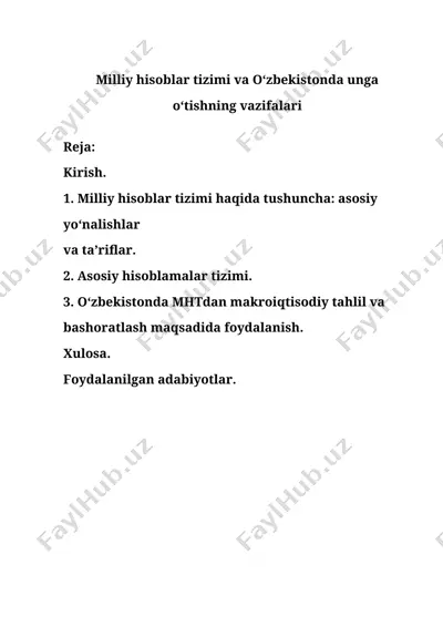 milliy hisoblar tizimi va o‘zbekistonda unga o‘tishning vazifalari — DOC