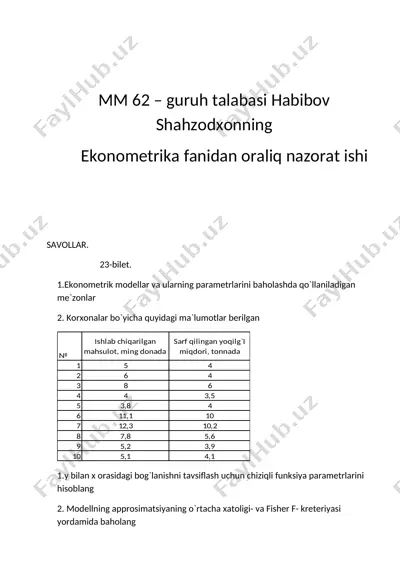 ekonometrika fanidan oraliq nazorat ishi mm 62 — DOC