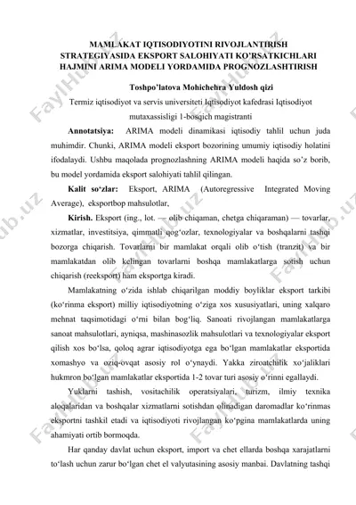 eksport salohiyati ko'rsatkichlari hajmini arima modeli yordamida prognozlash — DOC