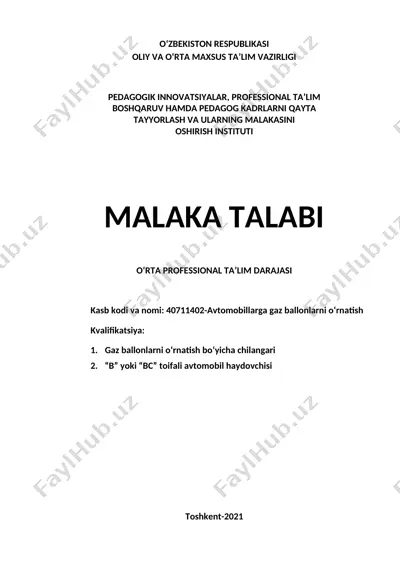 avtomobillarga gaz ballonlarni o‘rnatish — DOC