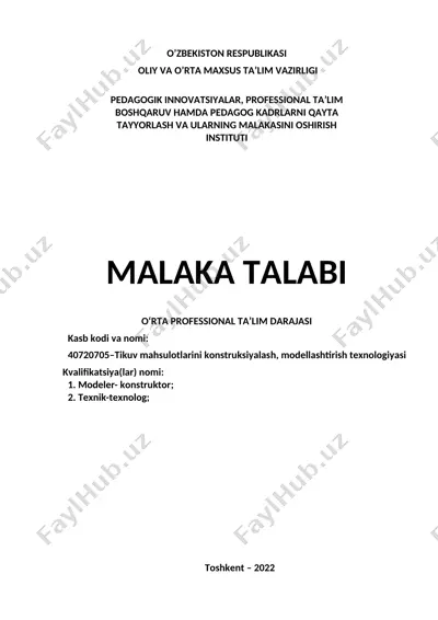 tikuv mahsulotlarini konstruksiyalash, modellashtirish texnologiyasi — DOC