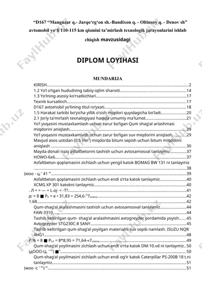 avtomobil yo‘lining ta’mirlash texnologik jarayonlarini ishlab chiqish mavzusidagi diplom loyihasi — DOCX