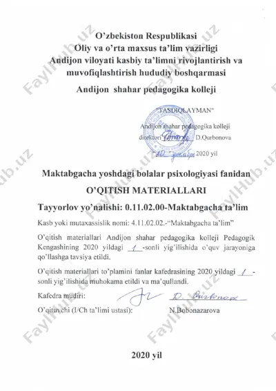 "maktabgacha yoshdagi bolalar psixologiyasi" — DOC