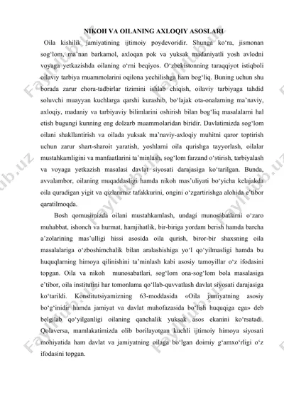 nikoh va oilaning axloqiy asoslari — DOC
