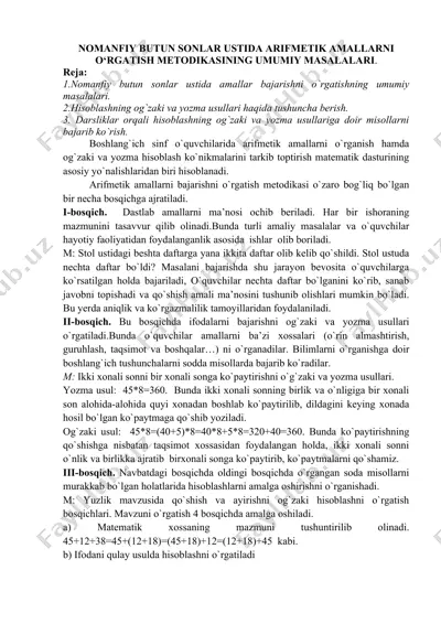 nomanfiy butun sonlar ustida arifmetik amallarni o‘rgatish metodikasining umumiy masalalari — DOC