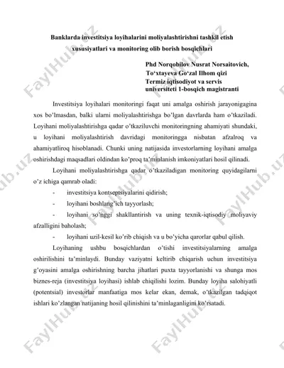 banklarda investitsiya loyihalarini moliyalashtirishni tashkil etish xususiyatlari va monitoring olib borish bosqichlari — DOC