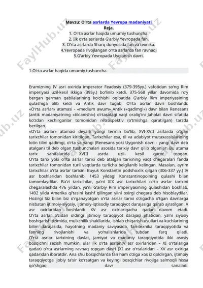 o‘rta asrlarda yevropa madaniyati — DOC