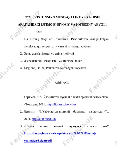 o‘zbekistonning mustaqillikka erishishi arafasidagi ijtimoiy-siyosiy va iqtisodiy ahvoli — DOC