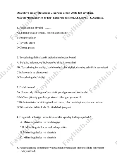 ona tili va amaliyoti fanidan 2-kurslar uchun 200ta test savollari. — DOC