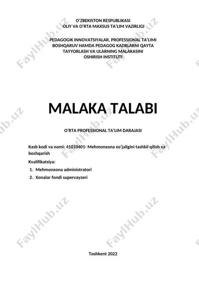 malaka talabi - mehmonxona xo‘jaligini tashkil qilish va boshqarish — DOC
