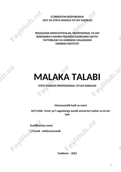 malaka talabi - 50711506- temir yo‘l vagonlariga texnik xizmat ko‘rsatish va ta'mirlash — DOC
