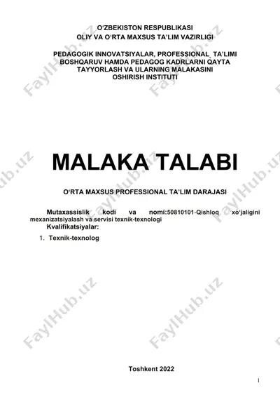 qishloq xo‘jaligini mexanizatsiyalash va servisi texnik-texnologi — DOC