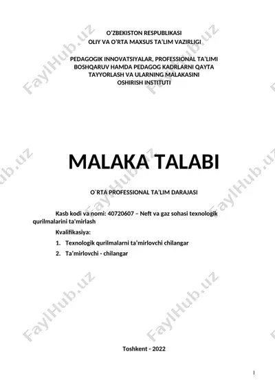 neft va gaz sohasi texnologik qurilmalarini ta'mirlash — DOC