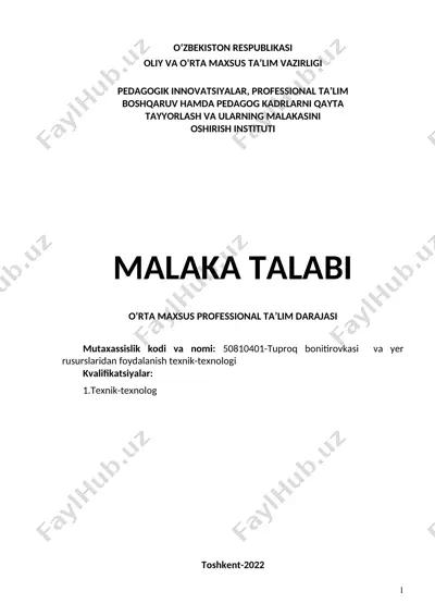 tuproq bonitirovkasi va yer rusurslaridan foydalanish texnik-texnologi — DOC