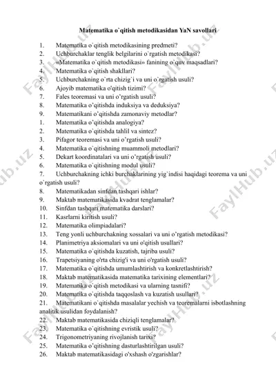matematika o`qitish metodikasidan yan savollari — DOC